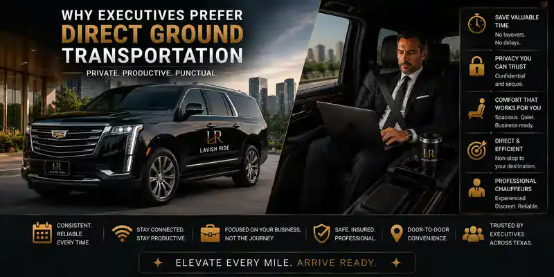 Cadillac Escalade executive ground transportation service featuring a business traveler working inside a luxury SUV, highlighting private direct travel, productivity, privacy, punctuality, and Lavish Ride chauffeur service across Texas.